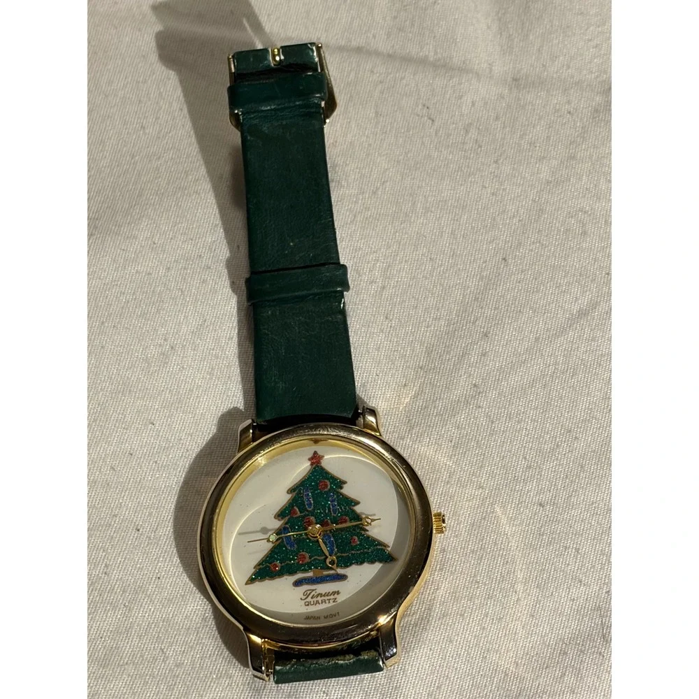 Tinum Quartz Christmas Tree Watch Gold Tone Green Leather Strap Holiday‎